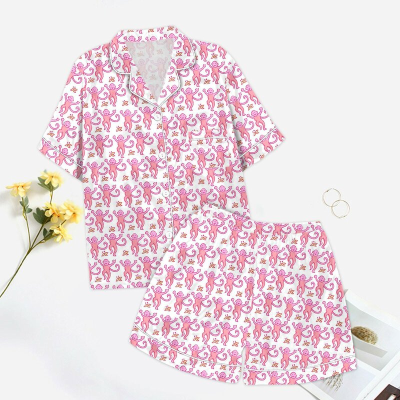 Ensemble de pyjama à imprimé graphique Roller Rabbit pour femme, chemise et short, manches courtes, vêtements de nuit preppy singe, mignon, 2 pièces