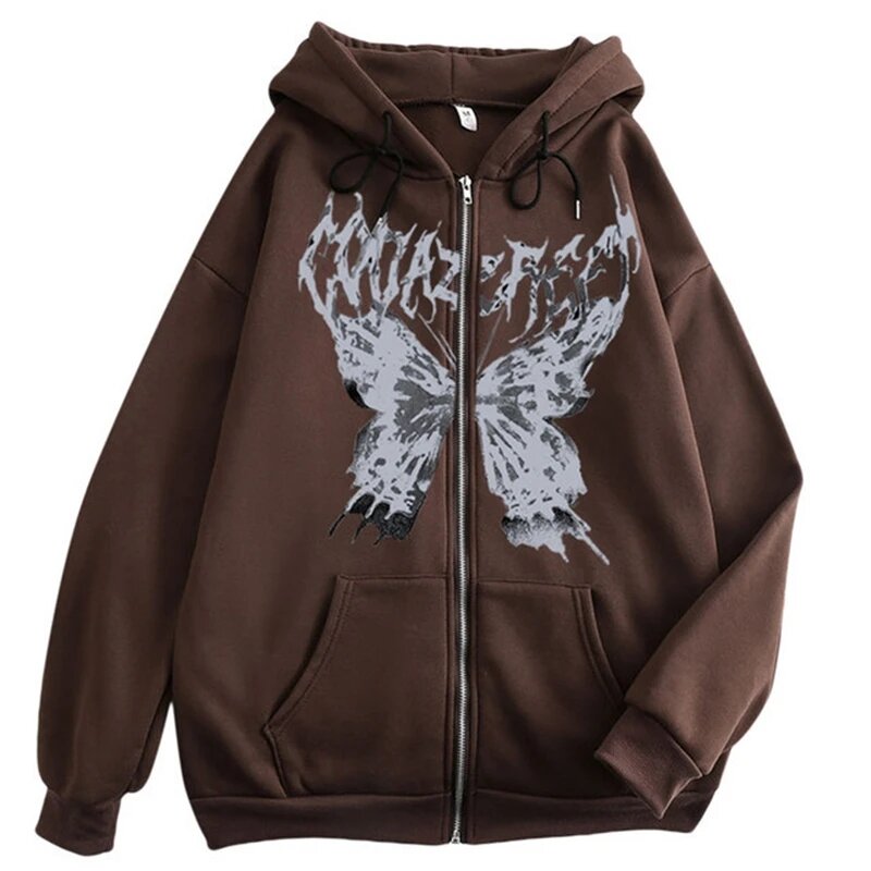 Butterfly Gothic Ins Y2K Zipper Women's Hoodies&Sweatshirt Loose Oversized Harajuk Punk High Street Streetwear