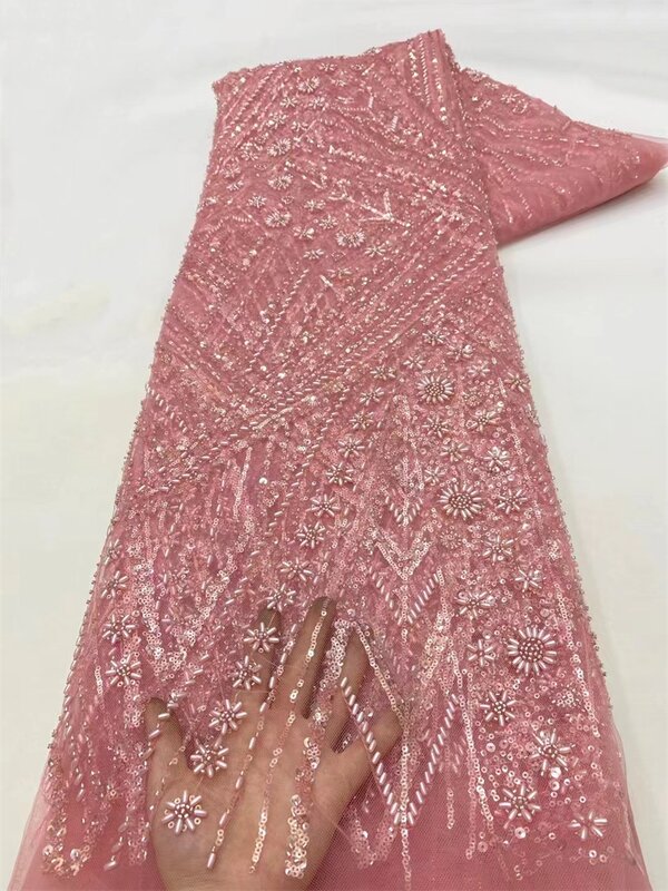 Нигерийская африканская кружевная ткань 2024, высококачественные бусины Hamdmade, свадебная кружевная ткань, роскошная блестящая вышивка бисером для свадьбы