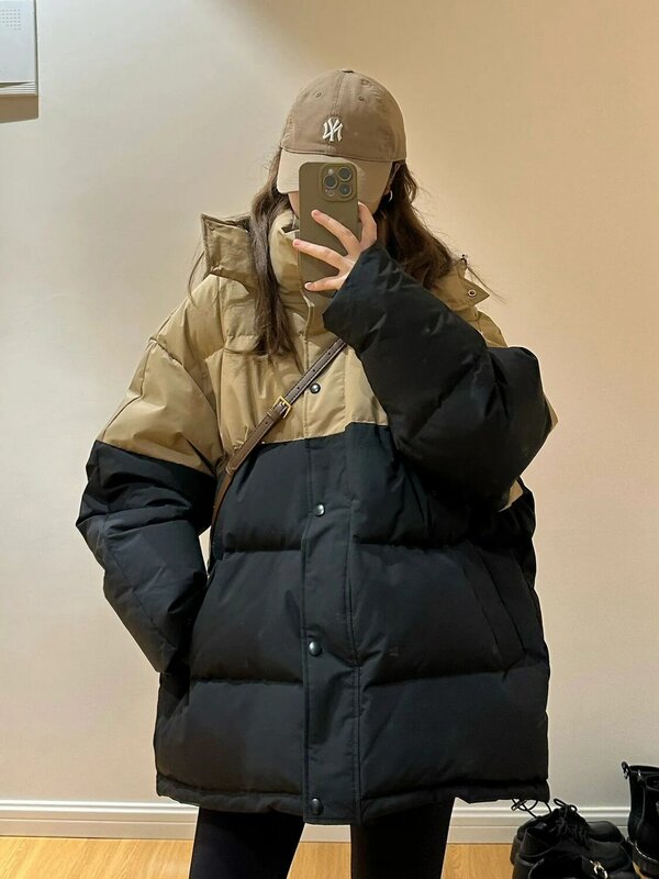 Jaket Hoodie pendek wanita, jaket mantel bertudung longgar kasual mode wanita bantalan katun tebal Down parka Musim Dingin 2023