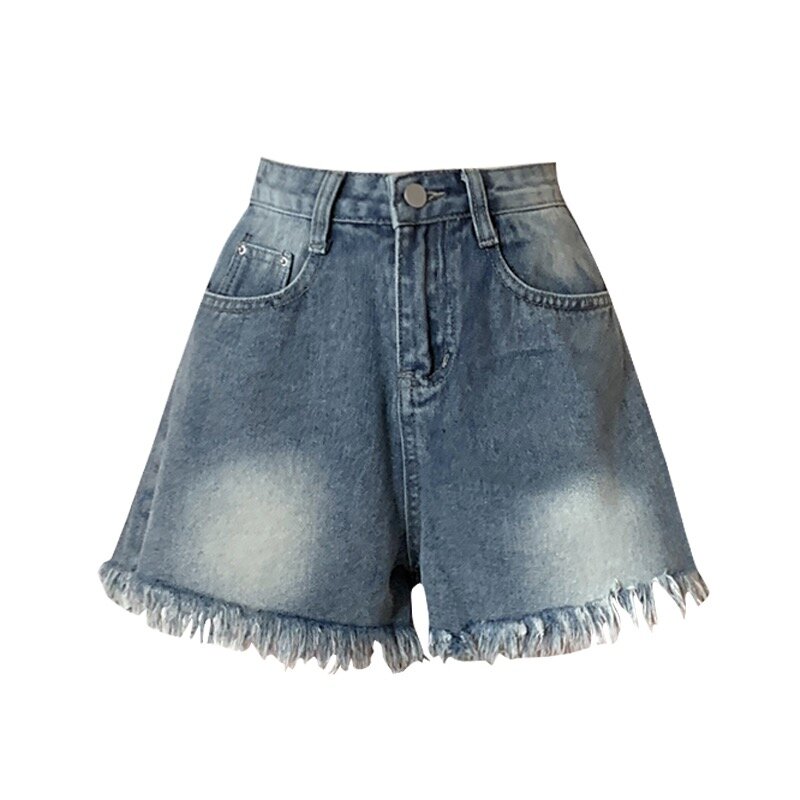 Лето 2024, модные женские джинсовые шорты большого размера с завышенной талией, облегающие короткие брюки с оборками по краям, повседневные свободные широкие штаны