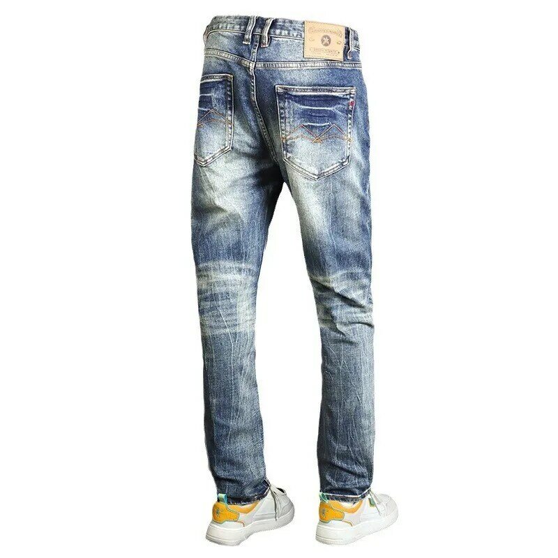 Jeans rasgado lavado retrô estilo italiano masculino, calça jeans designer, alta qualidade, stretch, slim fit, vintage, na moda