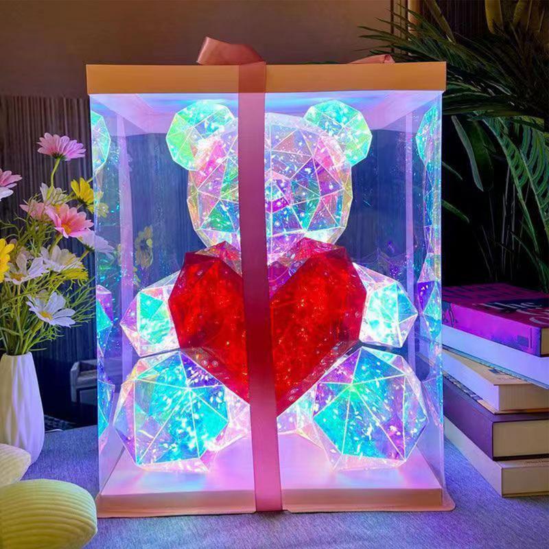 LED Light Up Teddy Bear, segurando um coração vermelho, urso rosa para o dia dos namorados, aniversário, presente de Natal, presente para adultos, presente infantil