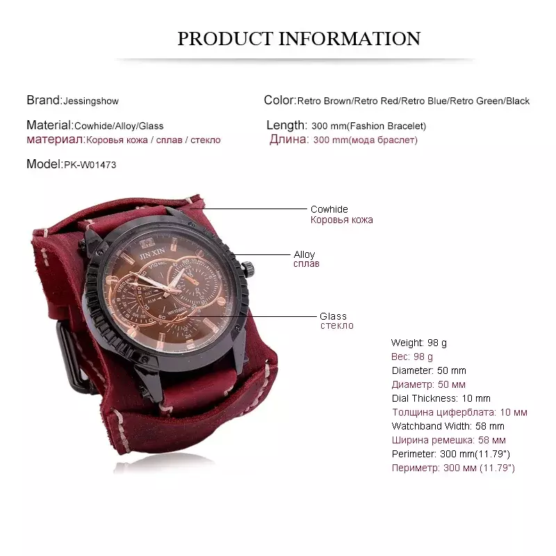 2023 New Fashion Men's Watches Luxury Big Dial Quartz Lovers Watch Wide Genuine Leather Punk Bracelet Sport Wristwatch Men Gift
