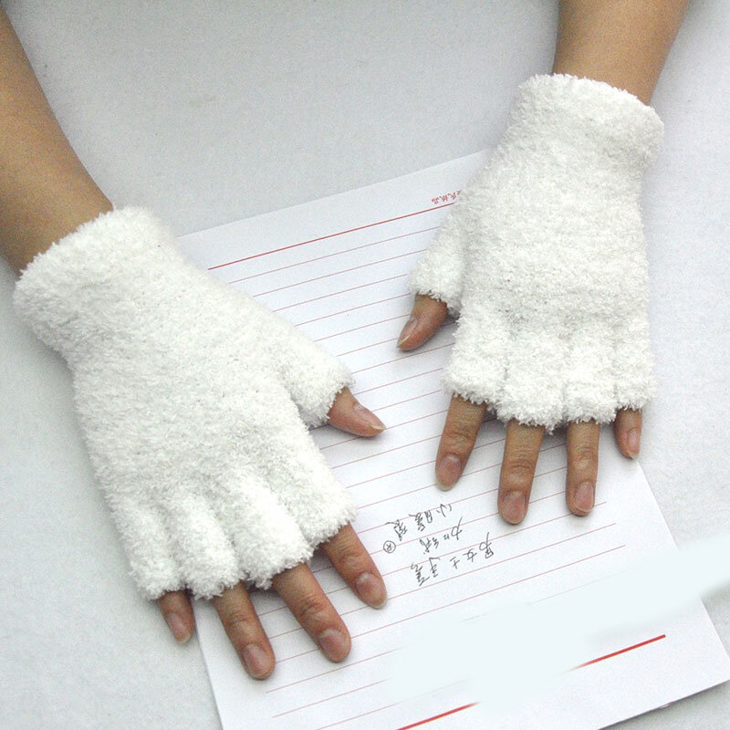 Guantes de algodón de medio dedo para hombre y mujer, manoplas suaves de punto peludo, para entrenamiento, color negro y rosa, 1 par