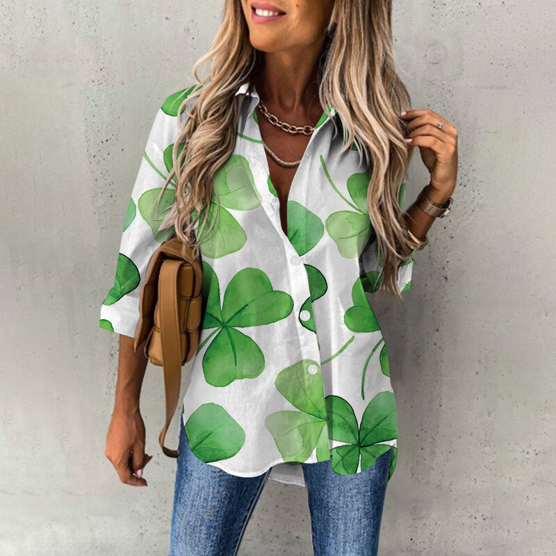 Frühling Frauen Bluse lange Ärmel Glück Klee gedruckt Mode lässig Button-Down-Shirts tägliche Büro Tops weibliche Kleidung 2024