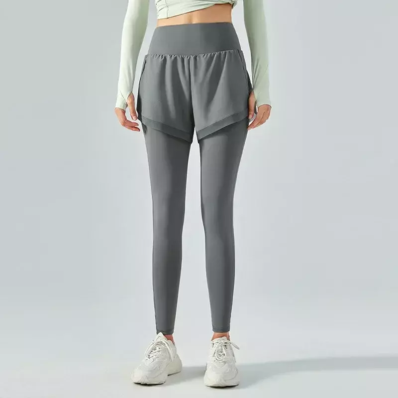 Fałszywe dwuczęściowe spodnie do jogi damskie cienkie spodnie z wysokim stanem do podnoszenia bioder spodnie do ćwiczeń bezszwowe spodnie w lecie