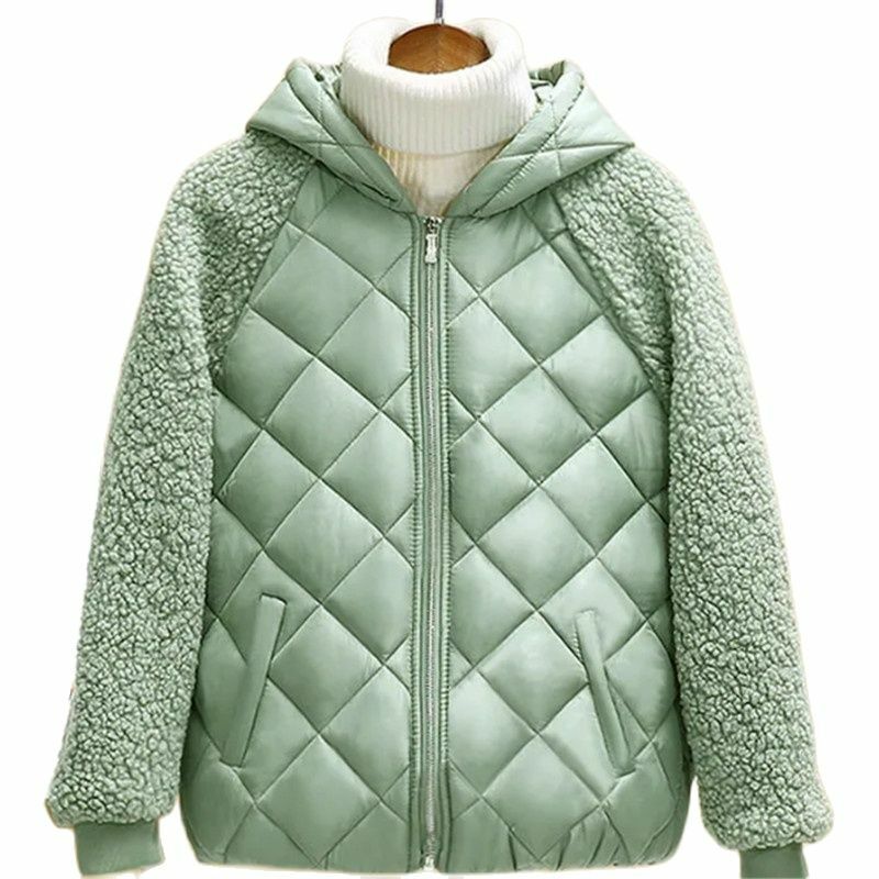 Autumn Winter Cotton-Padded Jacket Women 2023 New Imitation Lamb Wool Coat Pure Colour Hooded Stand-Up Collar Outwear Female