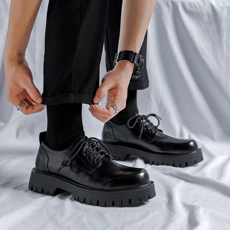 Męskie koreańska skórzana platforma oksfordy wsuwane na grube Tottom dla męskich buty Derby mokasyny na co dzień buty galowe z kwadratowym noskiem