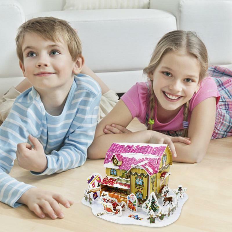 3D Puzzle Houses for Christmas Decor, White Snow Scene, Tema, Cidade pequena, Model Kit, Kids