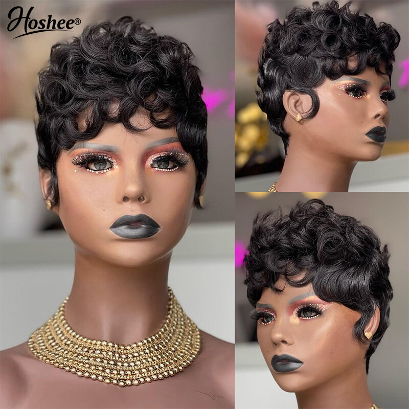 EQ  Short Water Wavy Black Color For Women Glueless Ready To Wear Full Machine Made Human Hair Wig Brazilian Remy Pixie Cut Wigs