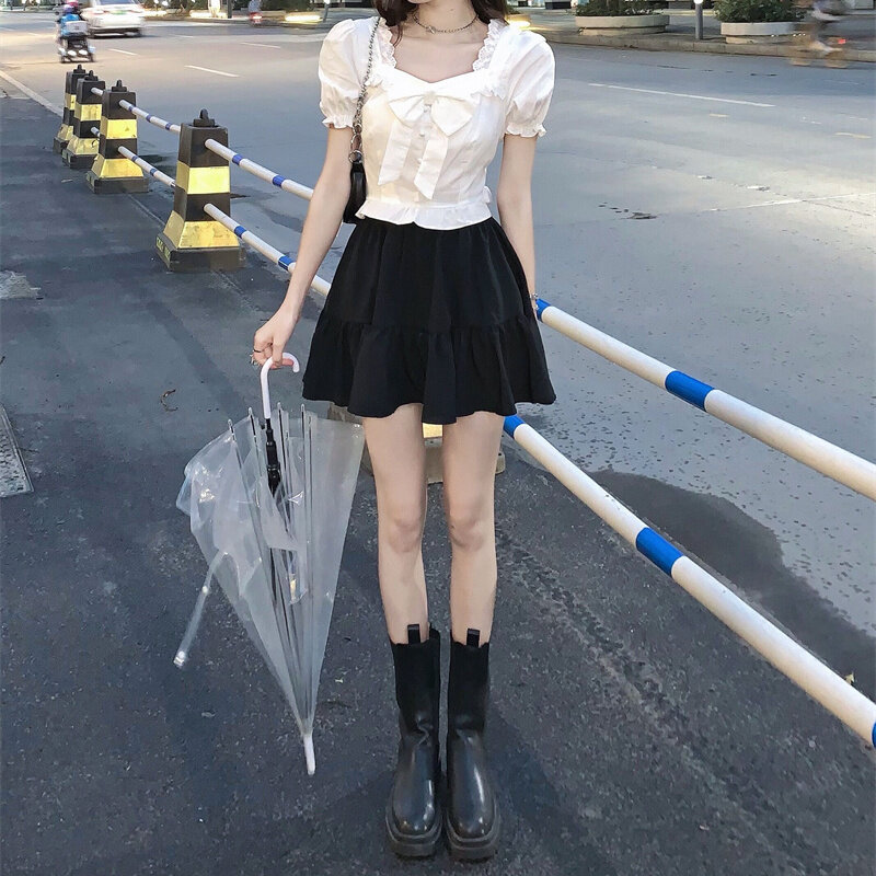 Lace Shirts and Blouses for Women Fashion Short Sleeve Top 2000s Y2k Square Collar Shirts Korean Style Youth Bow Blouses 2024