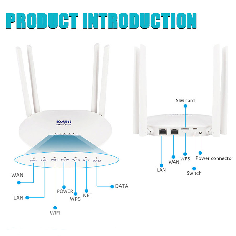 KuWFi-Routeur Wi-Fi 4G CPE sans fil, 150Mbps, carte SIM, point d'accès domestique déverrouillé, antenne externe 4 pièces, 32 utilisateurs