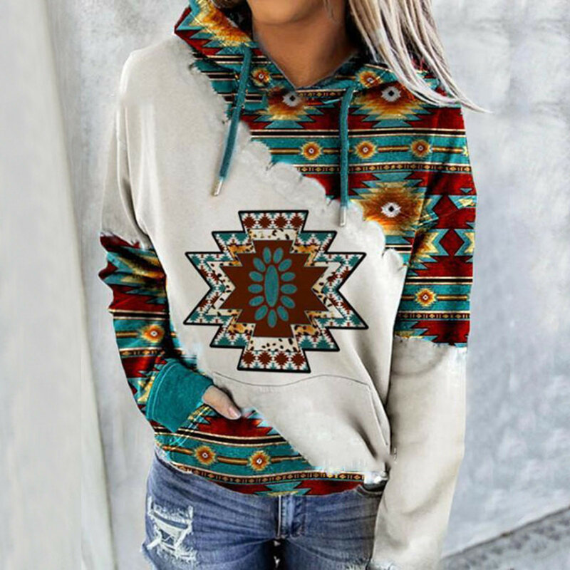 Толстовка женская с капюшоном и длинным рукавом, винтажный пуловер с этническим принтом, Свободный свитшот в стиле Харадзюку, повседневная одежда, весна-осень