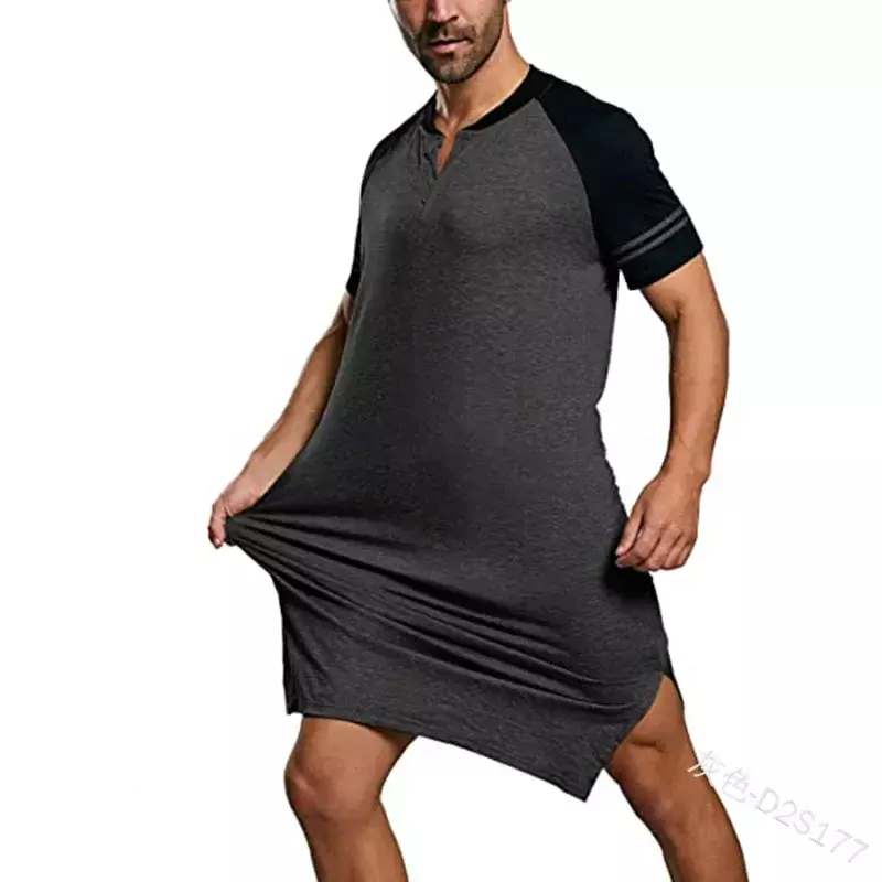 Neck Short Onesie Mens Loose 2024 Sleep Sleeve Robe Patchwork Man Solid Nightwear S-5XL Fashion Sleepwear Bathrobe V Nightgown