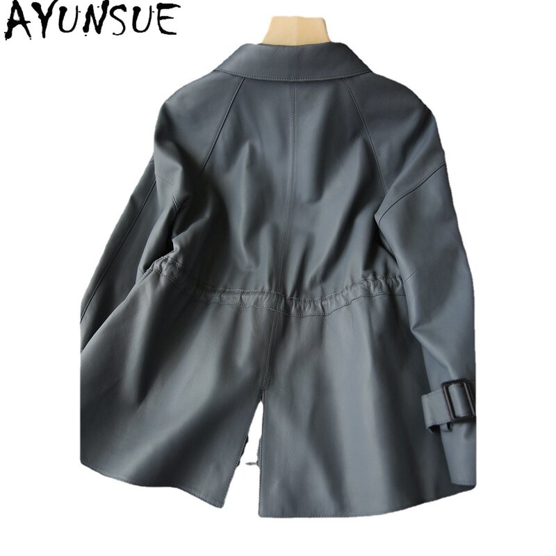 AYUNSUE jaket kulit asli wanita, jaket kulit domba gaya Korea kerah persegi elegan
