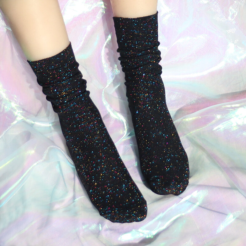 3 pairs luxurious sexy flash socks Korean fashion filigree socks solid color thick women's long socks