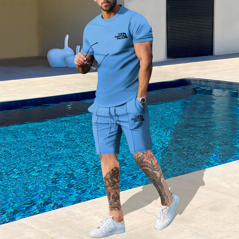 Summer Casual Round Neck Short-sleeved T-shirt Shorts Suit Men's Solid Color High-quality Sports Outdoor Brand Two-piece Set