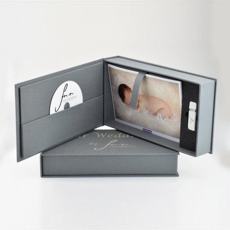 Caja de cartón de lino para presentación de boda, papel de cartón personalizado, 4x6, 5x7 pulgadas, CD, DVD, impresiones de regalo, USB