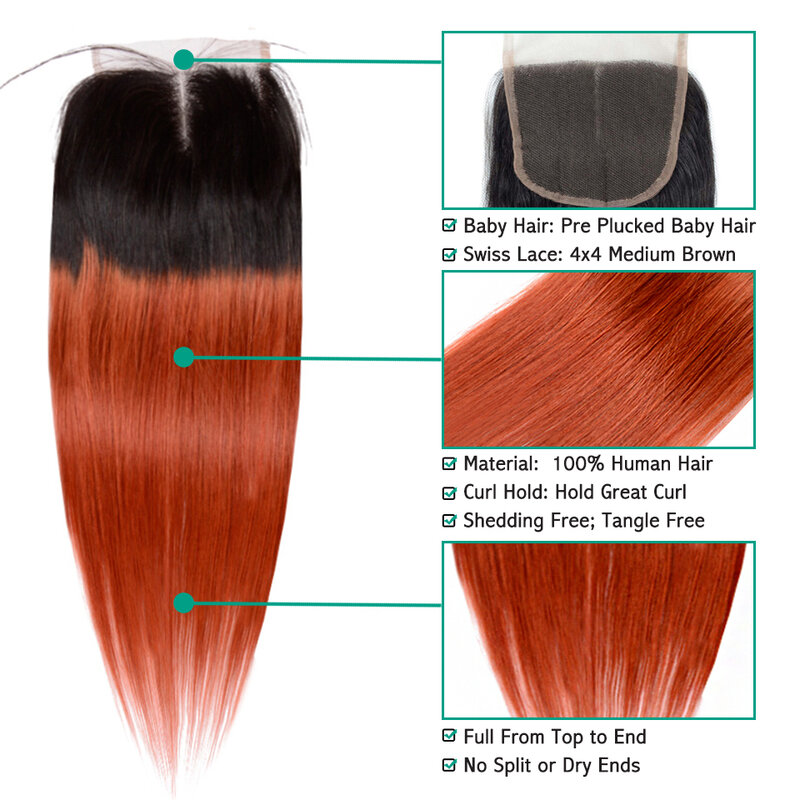Honey Blonde 1B 27 Lace Closure 10-18 Brazilian Straight Human Hair Ombre Orange 1B 350 4x4 Swiss Lace Closures Clearance Sale