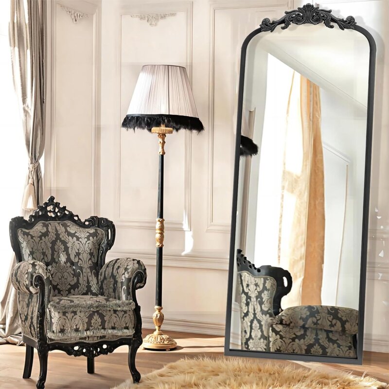 Cermin seluruh tubuh Barok terinspirasi dekorasi rumah untuk Vanity kamar tidur pintu masuk hitam melengkung panjang penuh cermin besar berdiri