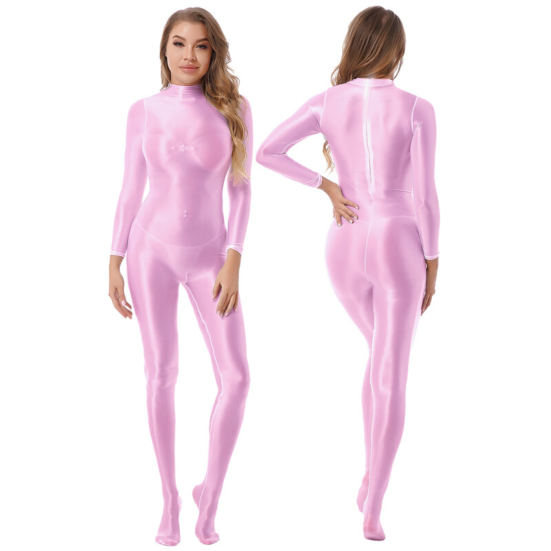 ผู้หญิงซิปเสื้อแขนยาว Bodystocking Glossy Jumpsuit Pole เต้นรำ Bodysuit ท่องชุดว่ายน้ำชุดว่ายน้ำฟิตเนสโยคะ Sportwear