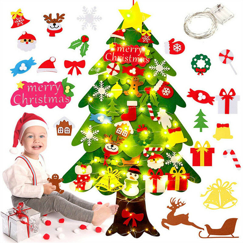 Montessori Toy Felt Christmas Tree Diy Children's Wall Decoration Crafts With Lights Childrens Christmas Hanging Decoration Home
