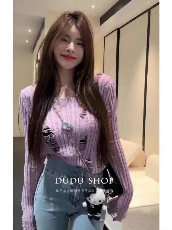 Fashionable Hollowed Out and Perforated Knitted Sweater, Spring New Women's 2024 Short and Unique Pullover Top Female Clothing