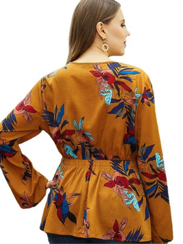 Baju blus wanita ukuran besar, Atasan Wanita model longgar kasual, blus wanita kerut cetak bunga, lengan panjang, musim gugur, ukuran besar, 2023