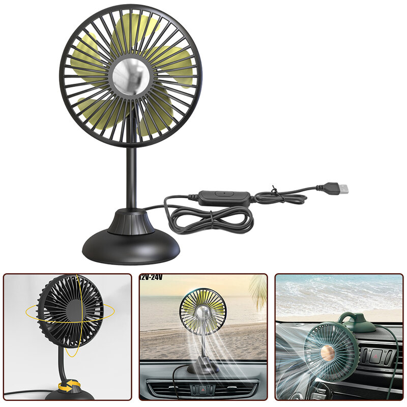 Ventilador pequeno preto ajustável para o carro, a instalação direta, multi-ângulo, mudo, ventilação, refrigerador, DC5.0V, acessórios do carro