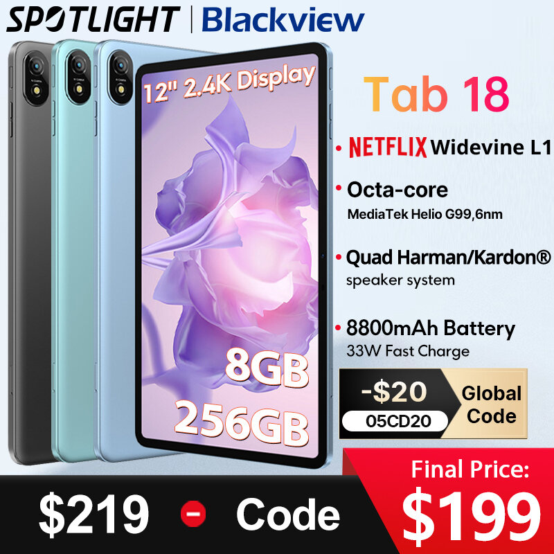 【World Premiere】12 inch Blackview Tab 18 Tablet 8GB/12GB 256GB 16MP 2.4K FHD+ Display 8800mAh Battery Widevine L1 MTK Helio G99