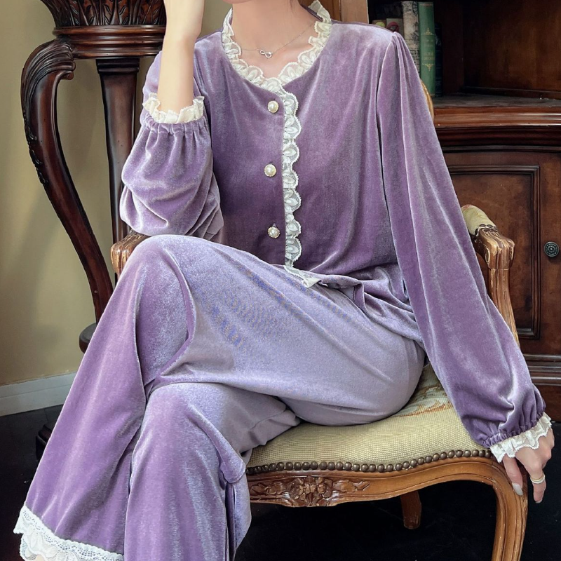 Autumn Velour Pajamas Pour Femme Home Clothes Nightwear Lace Patchwork Sleepear Women Button-down Nightgown O-Neck Loungewear