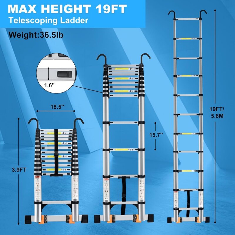 Wolec 19FT Telescoping Ladder with 2 Detachable Hooks,Reinforced Anti-Pinch Telescopic Ladders with 2 Triangle Stabilizers