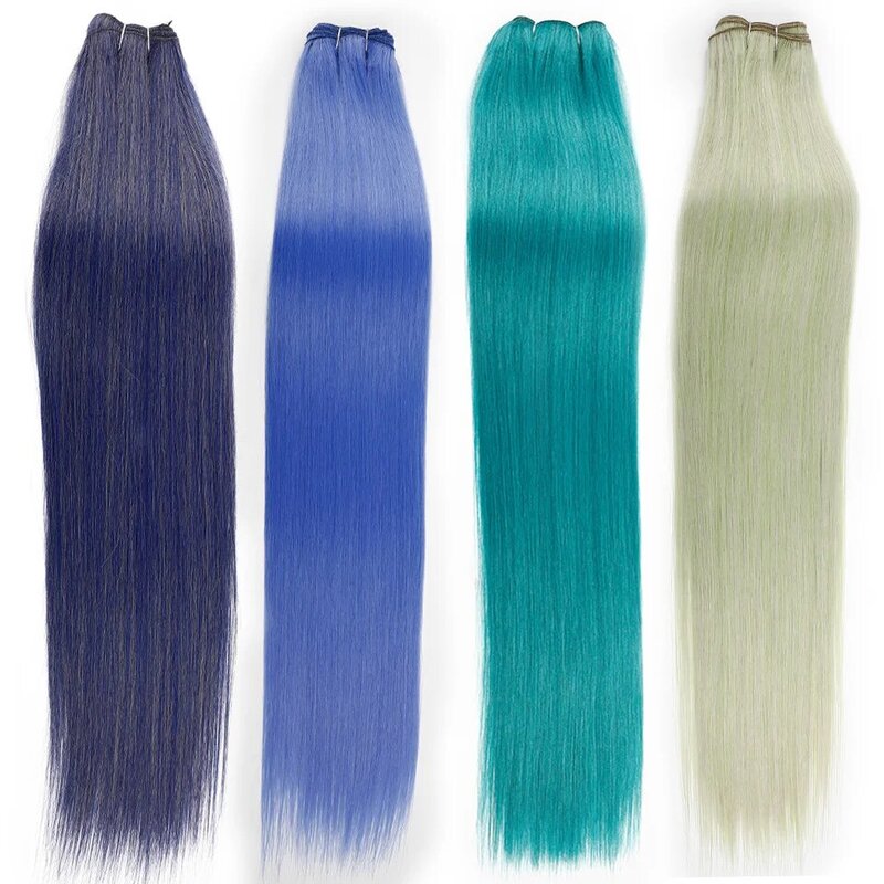 Extensiones de cabello liso sintético, mechones de pelo liso azul, 26 pulgadas, completo hasta el final