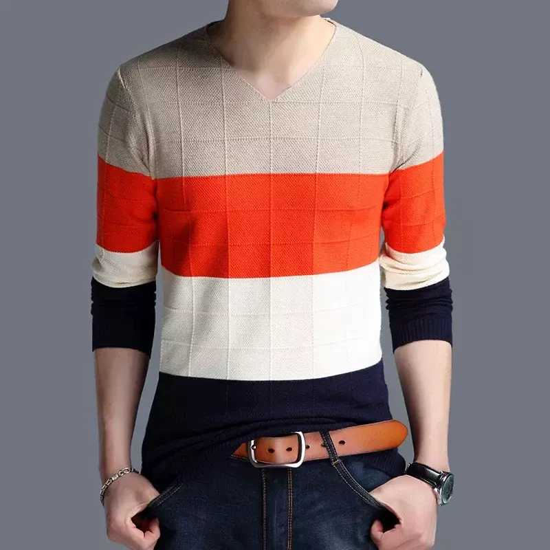 เสื้อถักแบบสวมหัวลายทาง MODE Korea เสื้อสเวตเตอร์แขนยาวของผู้ชายเสื้อสเวตเตอร์แคชเมียร์ลำลองสำหรับผู้ชาย Y2k ฤดูหนาว