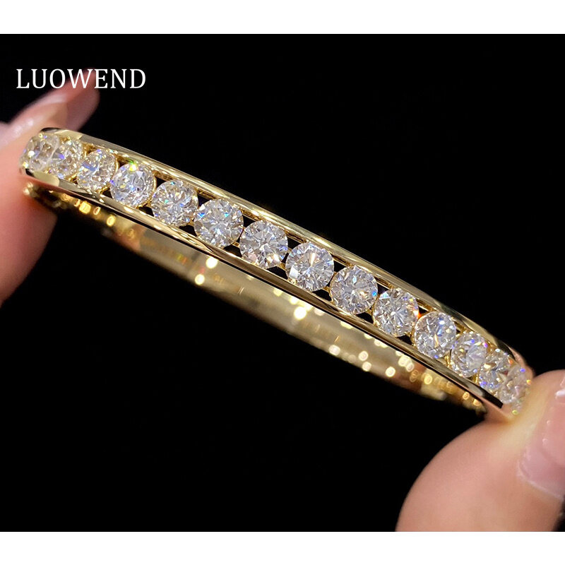 LUOWEND 100% 18K Yellow Gold Bangle Luxury Shiny Design 5.47carat Real Natural Diamond Bangle for Women High Party Jewelry