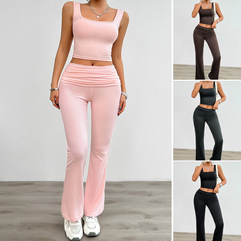 YEAE Solid Color Slim Stretch Vest Pants Set Casual Exercise Yoga Wear Camisole Top and Slim Straight Pants Set Kardashian Y2K
