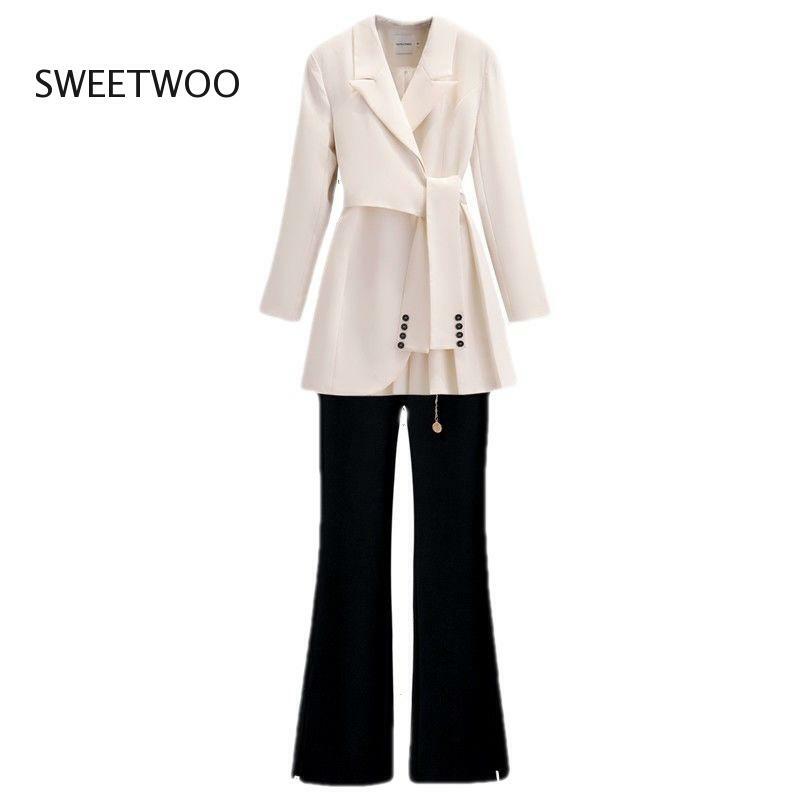 Pantalones de manga larga con solapa para mujer, traje de ocio elegante con cinturón de botones, abrigo decorativo, conjunto de dos piezas, a la moda, novedad de otoño, 2022