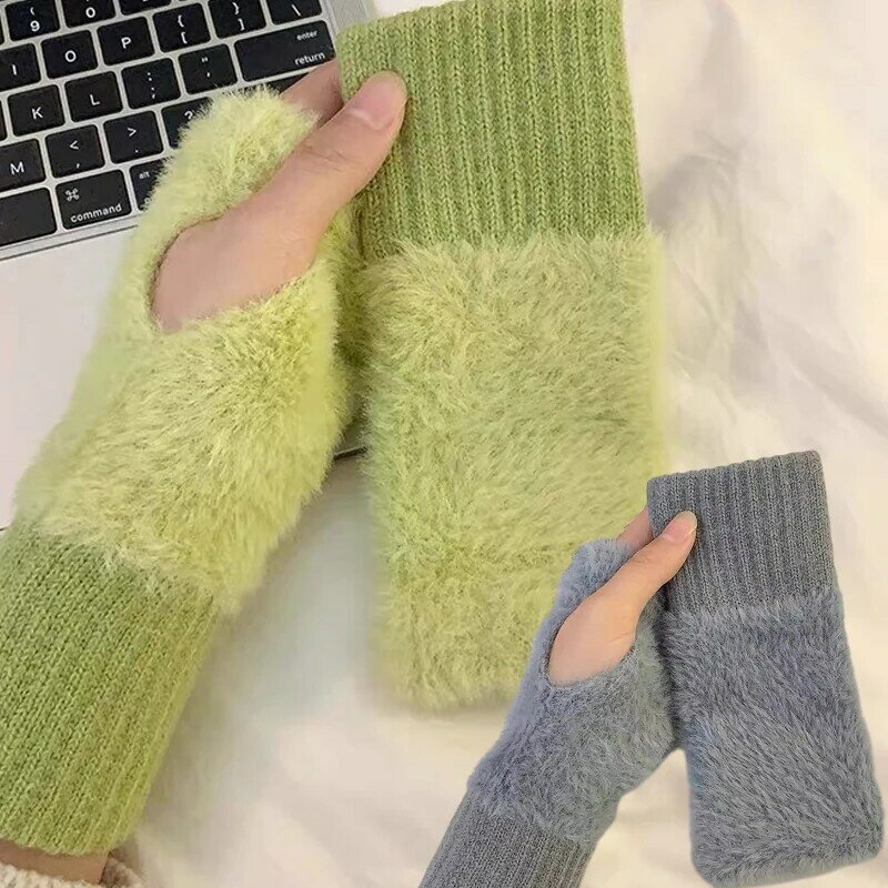 Plush Half Finger Glove Women Winter Solid Color Knitted Thicken Writing Working Soft Fluffy Warm Fashion Fingerless Wrist Guard