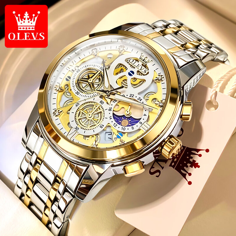 OLEVS 남성용 정품 방수 쿼츠 시계, 탑 브랜드 럭셔리 시계, 골드 스켈레톤 스타일, 24 시간 낮밤, 신제품
