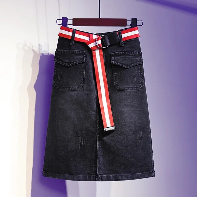 Frühling/Sommer High Taille Split Jeans rock mittellang schlank gewickelt Hüfte halbe A-Linie Röcke mit Gürtel weibliche Stretch Freizeit kleidung