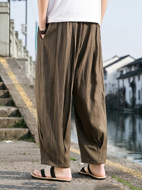 Summer Ice Silk Casual Pants Men Loose Linen Wide leg Ankle-length Harem Trousers Baggy 2024 New