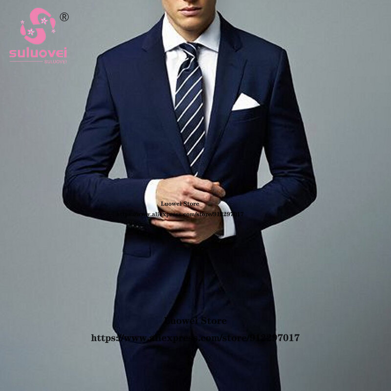 Jas Biru Navy Klasik untuk Pria Set Celana Jaket 2 Potong Slim Fit Blazer Bisnis Pria Kerah Jas Pernikahan Pengantin Pria Formal