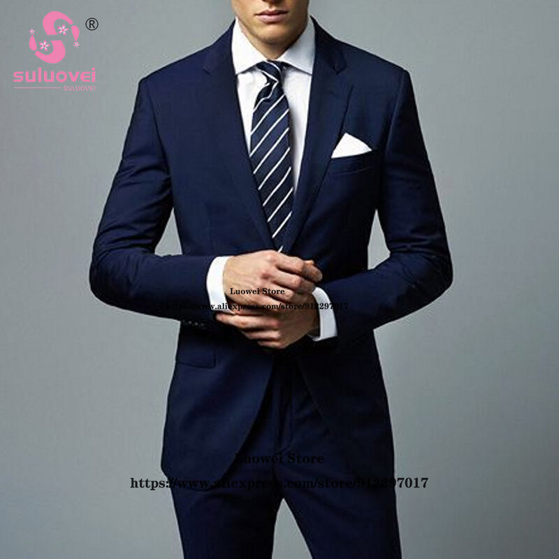 Classic Navy Blue ชุดสำหรับ Slim Fit 2ชิ้นชุดเสื้อแจ็คเก็ตอย่างเป็นทางการเจ้าบ่าวงานแต่งงาน Notch Lapel Tuxedo ชายธุรกิจ Blazer