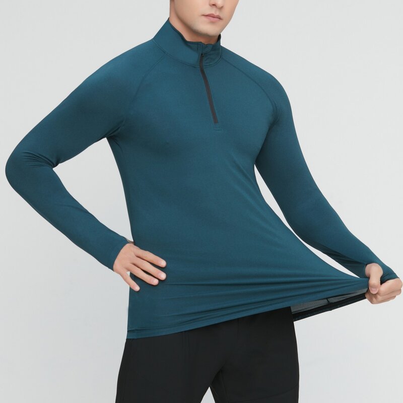 Męski sportowy T-Shirt lekka, cienka odprowadzanie wilgoci oddychająca odzież sportowa męski sweter Fitness 1/4 z długim rękawem ciasny Top do biegania