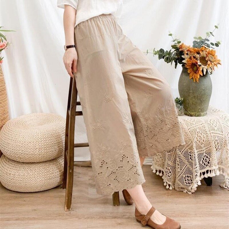 Pantalones de pierna recta para mujer, pantalón holgado y Retro, de algodón puro, bordado, de Color sólido, con nueve aberturas, 2024