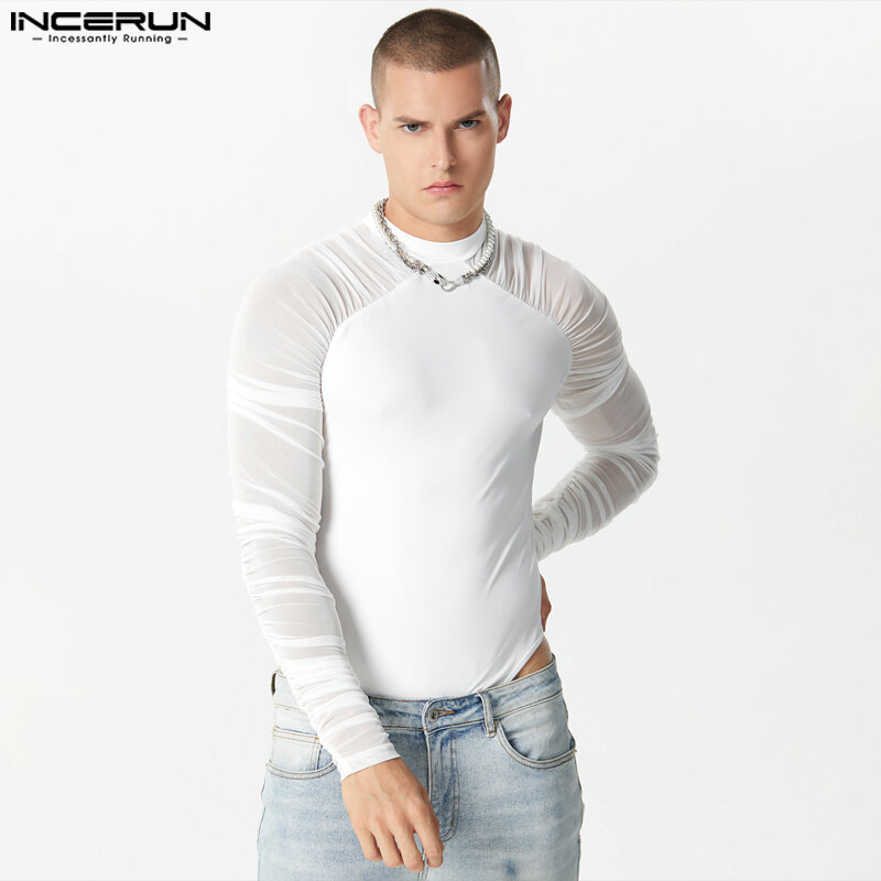 INCERUN Men Bodysuits Mesh Patchwork O-neck Long Sleeve Transparent Male Rompers Streetwear 2023 Fitness Fashion Bodysuit S-5XL