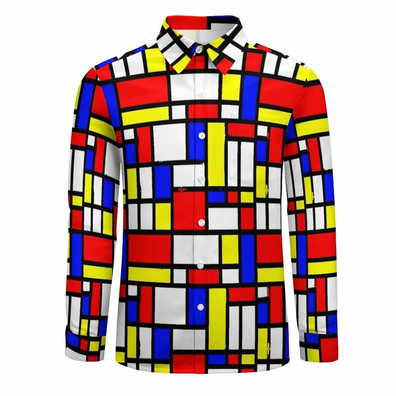 Рубашка с геометрическим принтом в стиле пэчворк, цветные блочные повседневные рубашки, блузки с длинным рукавом и графическим принтом в стиле Харадзюку, Осенний Свободный Топ оверсайз