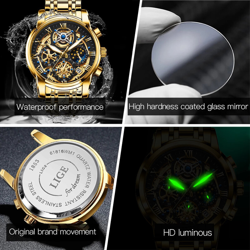Часы наручные LIGE мужские спортивные, модные брендовые Роскошные деловые автоматические, с датой, повседневные водонепроницаемые в коробке