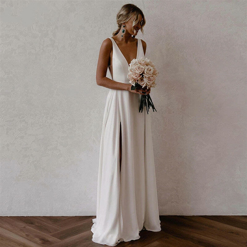 ชุดแต่งงานสีขาวทรงเอแบบเรียบง่ายชุดเดรสแต่งงานแขนกุดผ่าสูงมีสายเดี่ยวคอวีเซ็กซี่ยาวถึงพื้นหลัง Gown2024แต่งงาน